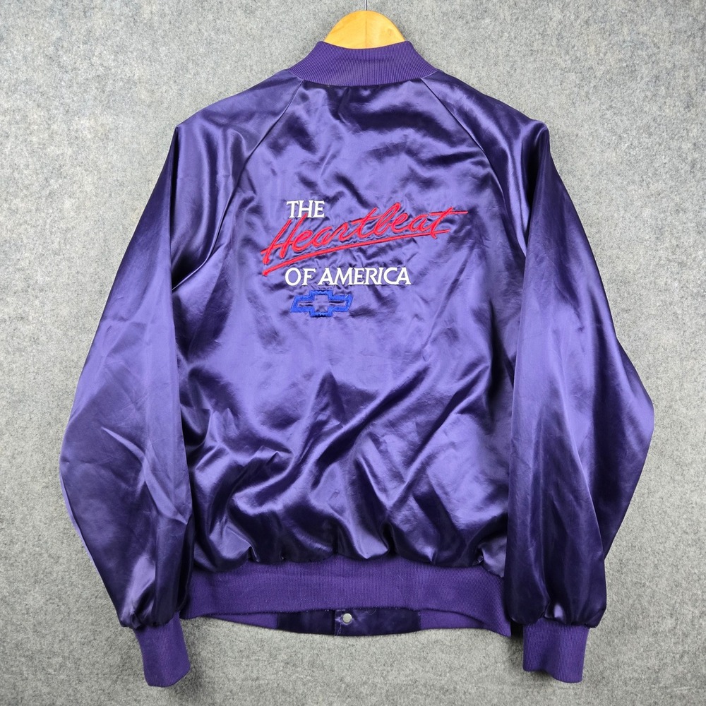 Vintage Chevrolet Jacket Mens Small Purple Heartbeat of America Satin Bomber USA